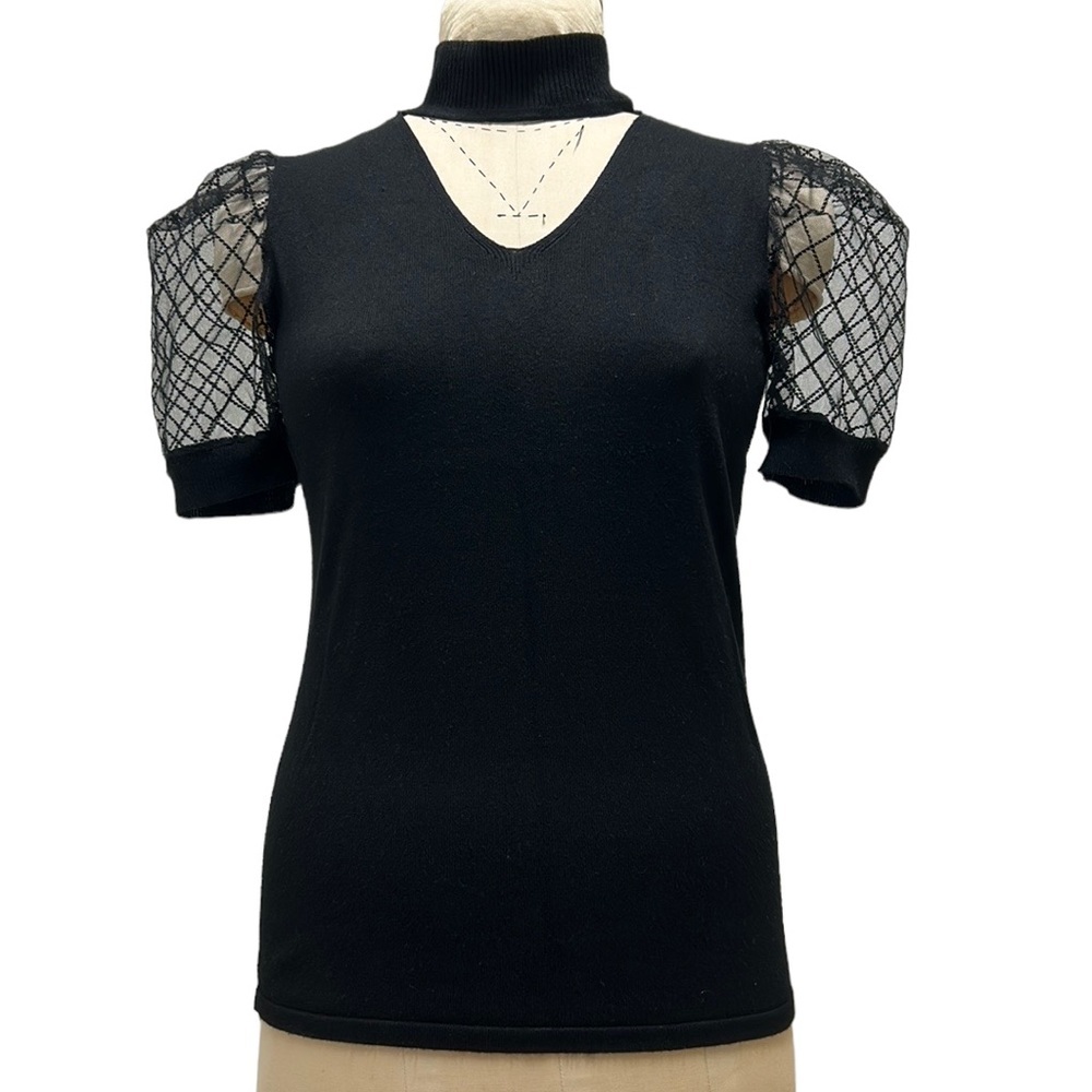 Love Ever After | Sheer‎ Lace Sleeve Knit Top Cut Out Choker Mock Neck Black S